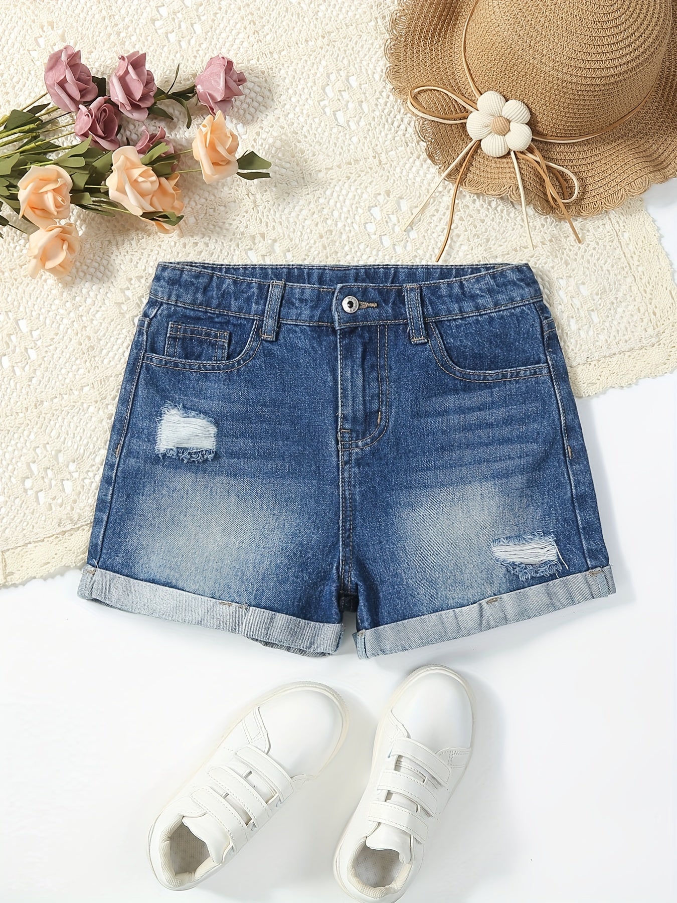 Girls' Ripped Roll Up Denim Shorts for Summer