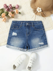 Girls' Ripped Roll Up Denim Shorts for Summer