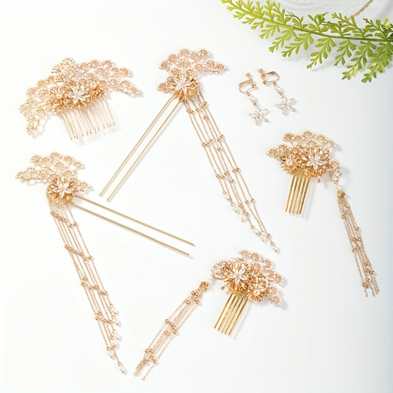 Alloy Leaf Pearl Hair Comb Crystal Inlaid Bridal Insert Comb