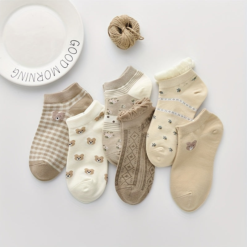 3 Pairs Floral & Bear Print Socks & Ankle Socks Women's Stoc