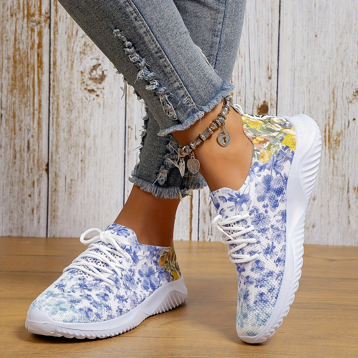 Floral Pattern Lace-up Sneakers for Women
