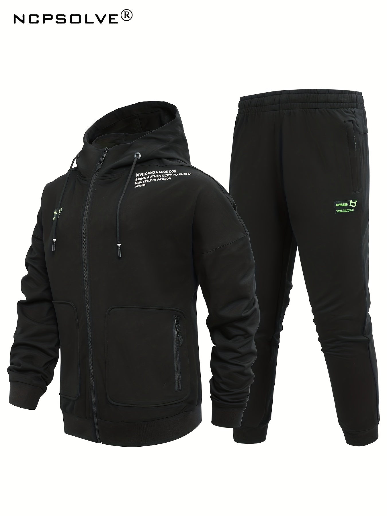 Men's Comfy Hooded Jacket & Stretch Pants Set for Outdoor Zipper Pocket