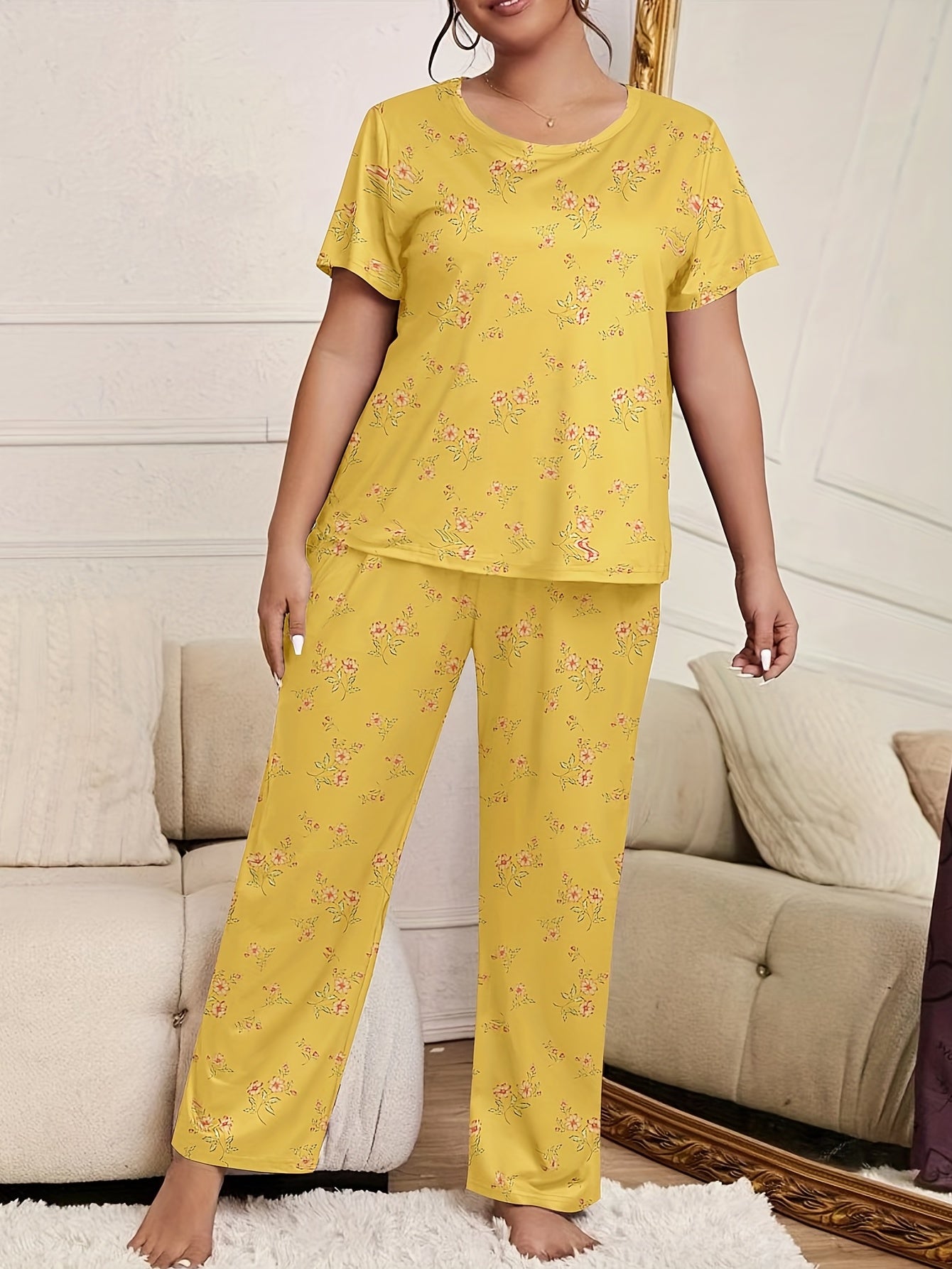  Floral Print Pajama Set Short Sleeve Top & Pants Two Piece Set
