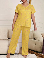  Floral Print Pajama Set Short Sleeve Top & Pants Two Piece Set