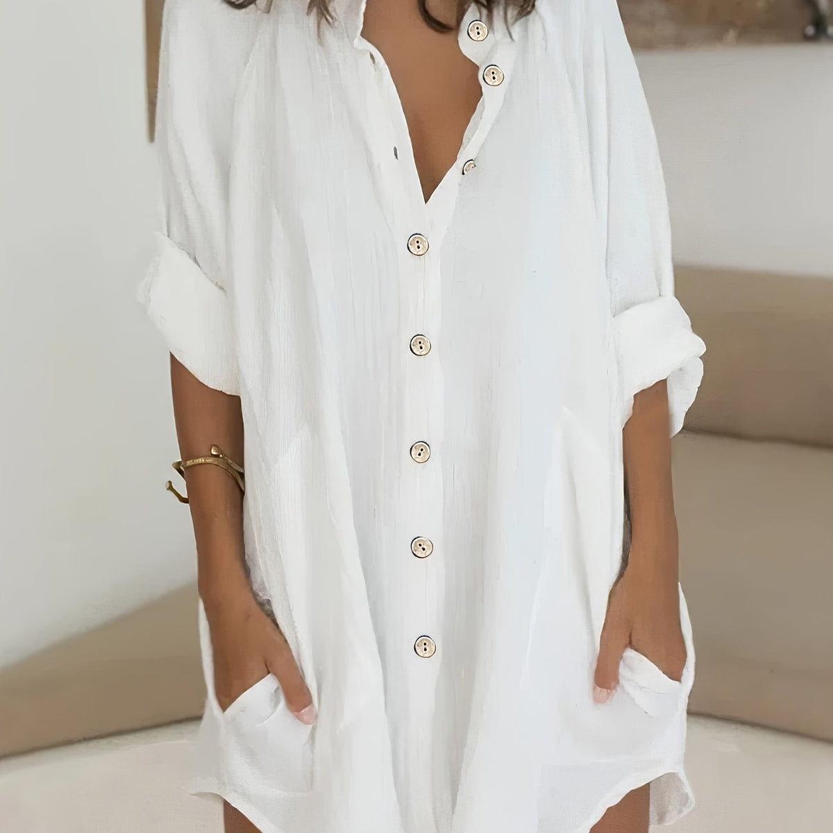  Solid Roll Up Sleeve Mock Neck Button Up Shirt Tunic Top