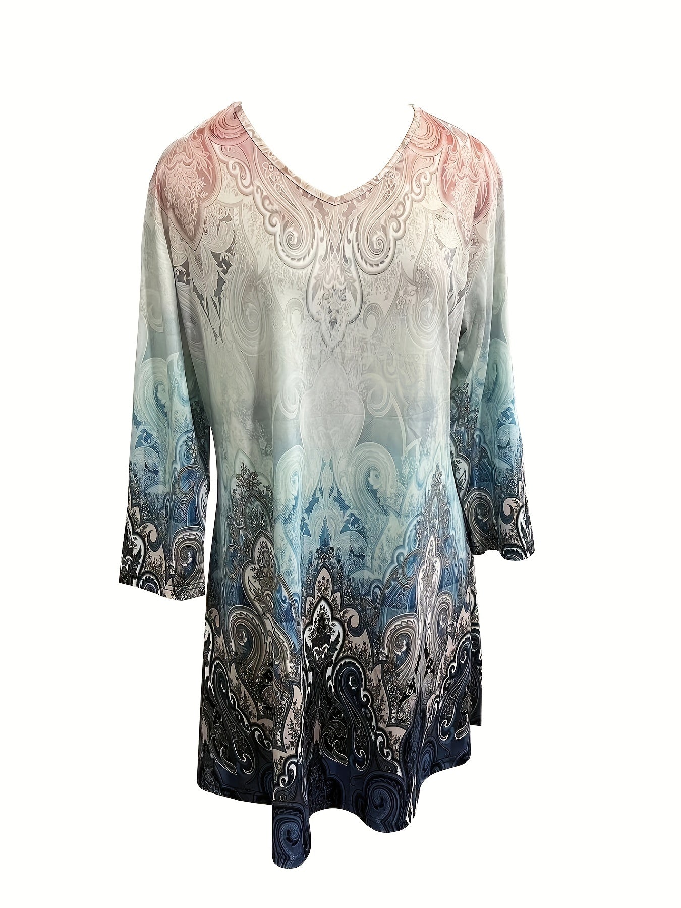  Boho Dress Women's Plus Paisley Print Long Sleeve V Neck Tee Dress