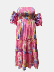  Tie Dye Off Shoulder Ruffle Trim Maxi Dress