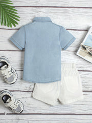 Boys Striped Denim Lapel Shirt Short Sleeve Button Down Tee