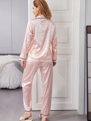 Striped Satin Pajama Set Long Sleeve Buttons Top & Elastic Waistband Pants
