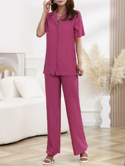 Solid Textured Casual Two piece Set Short Sleeve Button Blouse & Wide Leg
