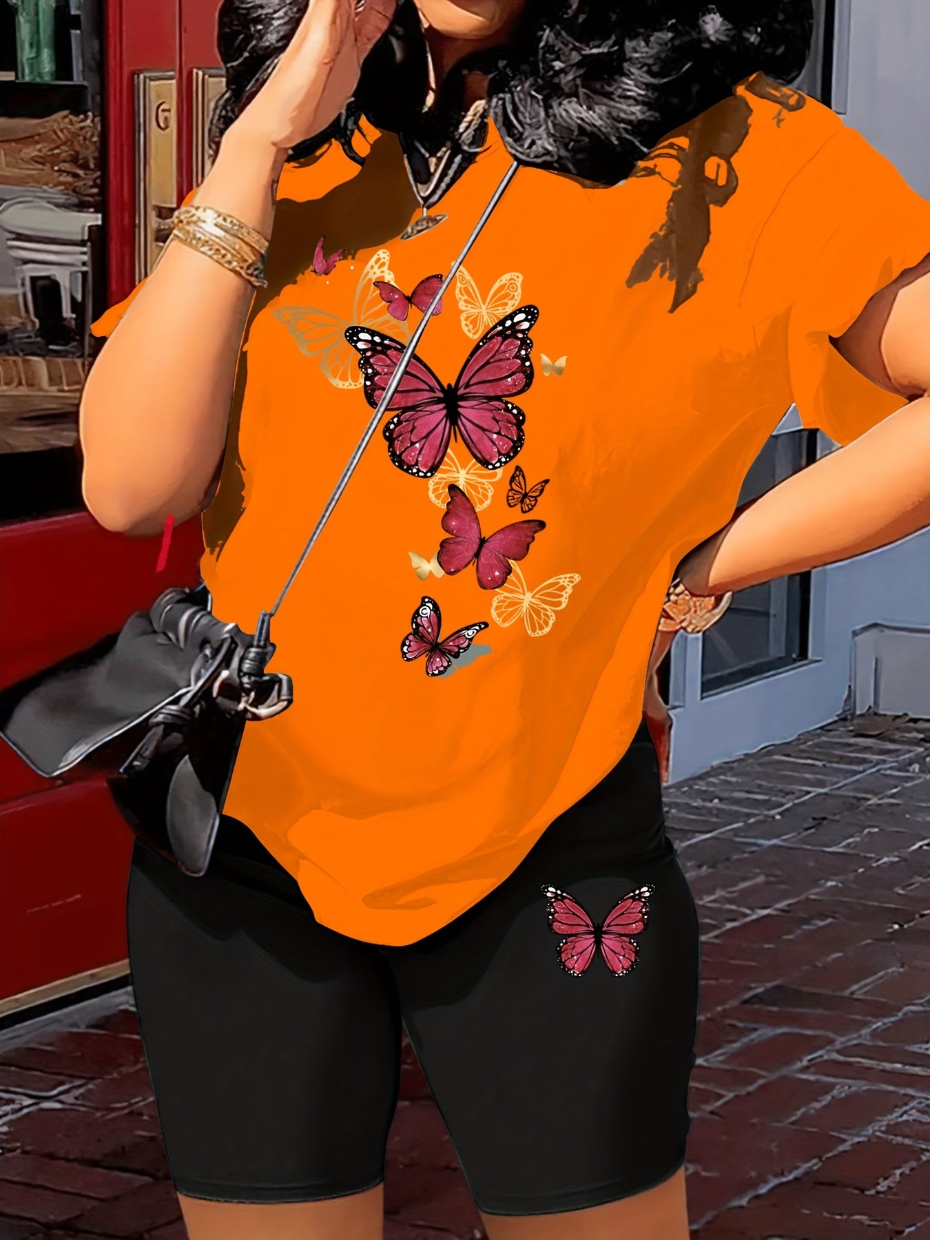 Butterfly Print 2 Piece Outfit Short Sleeve T-Shirt & Shorts Summer 2pcs Set