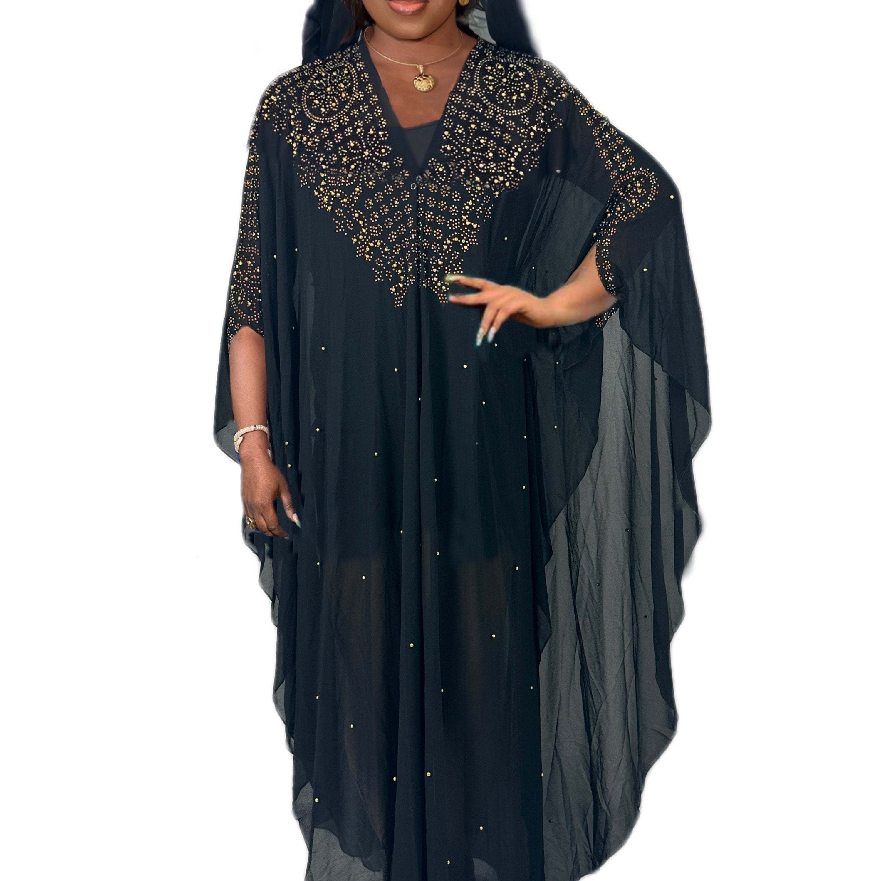  Beaded Hooded Kaftan Maxi Abaya Dress