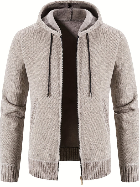 Men's Hooded Fleece Jacket Zip Up Knitted Cardigan