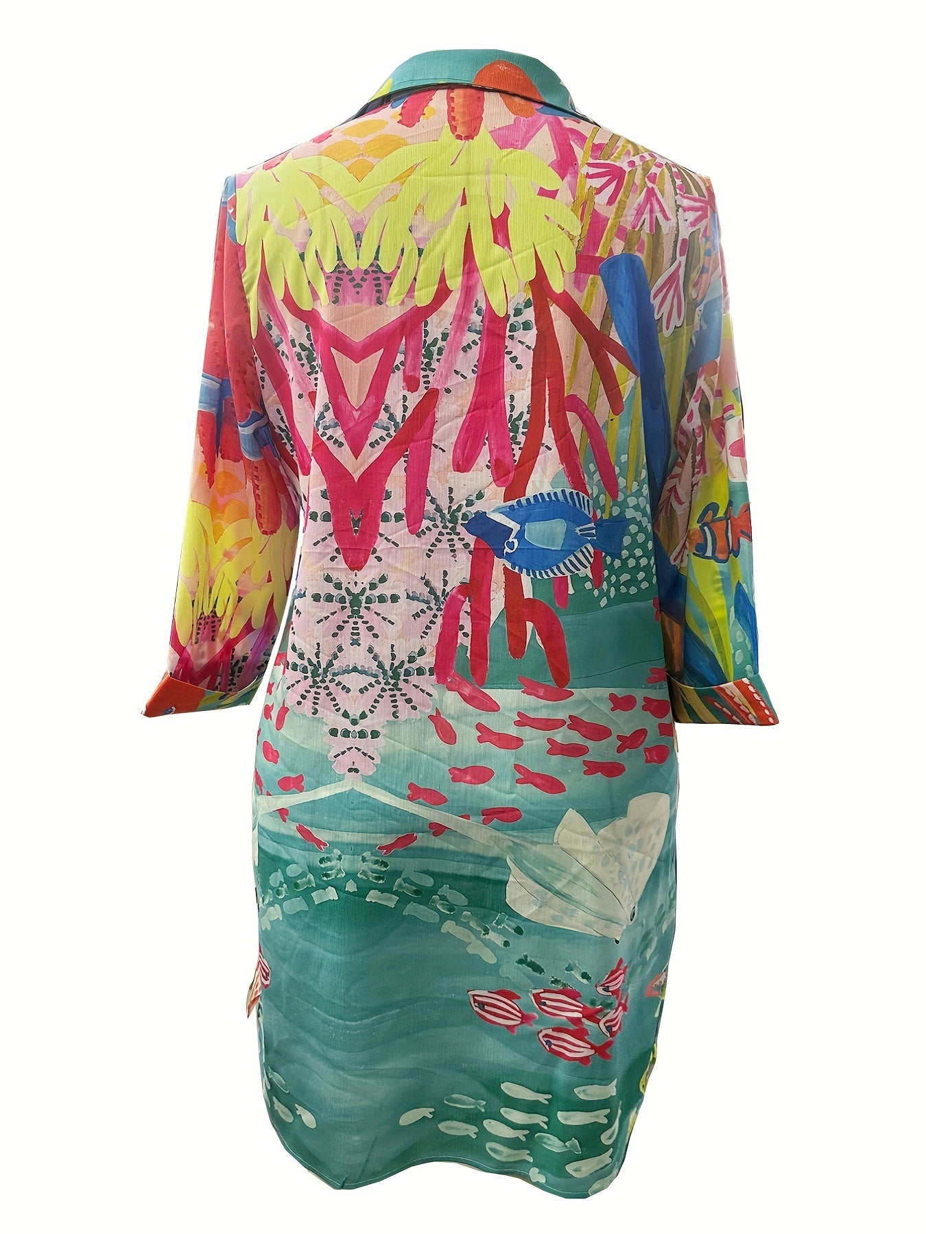  Fish Print Button Up Beachwear Dress