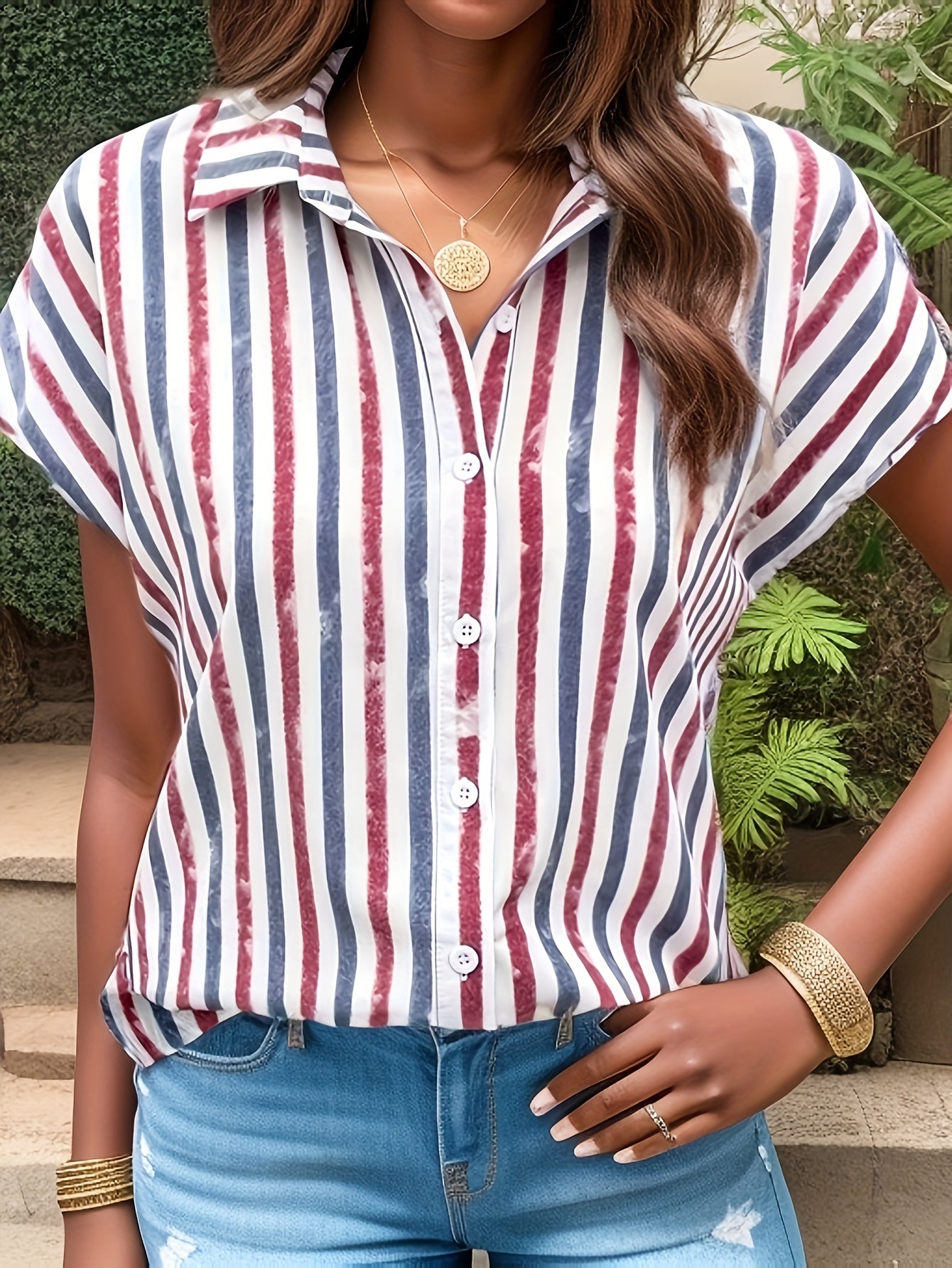  Casual Blouse Women's Plus Stripe Print Button Up Short Sleeve
