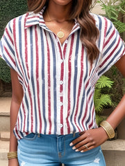 Casual Blouse Women's Plus Stripe Print Button Up Short Sleeve