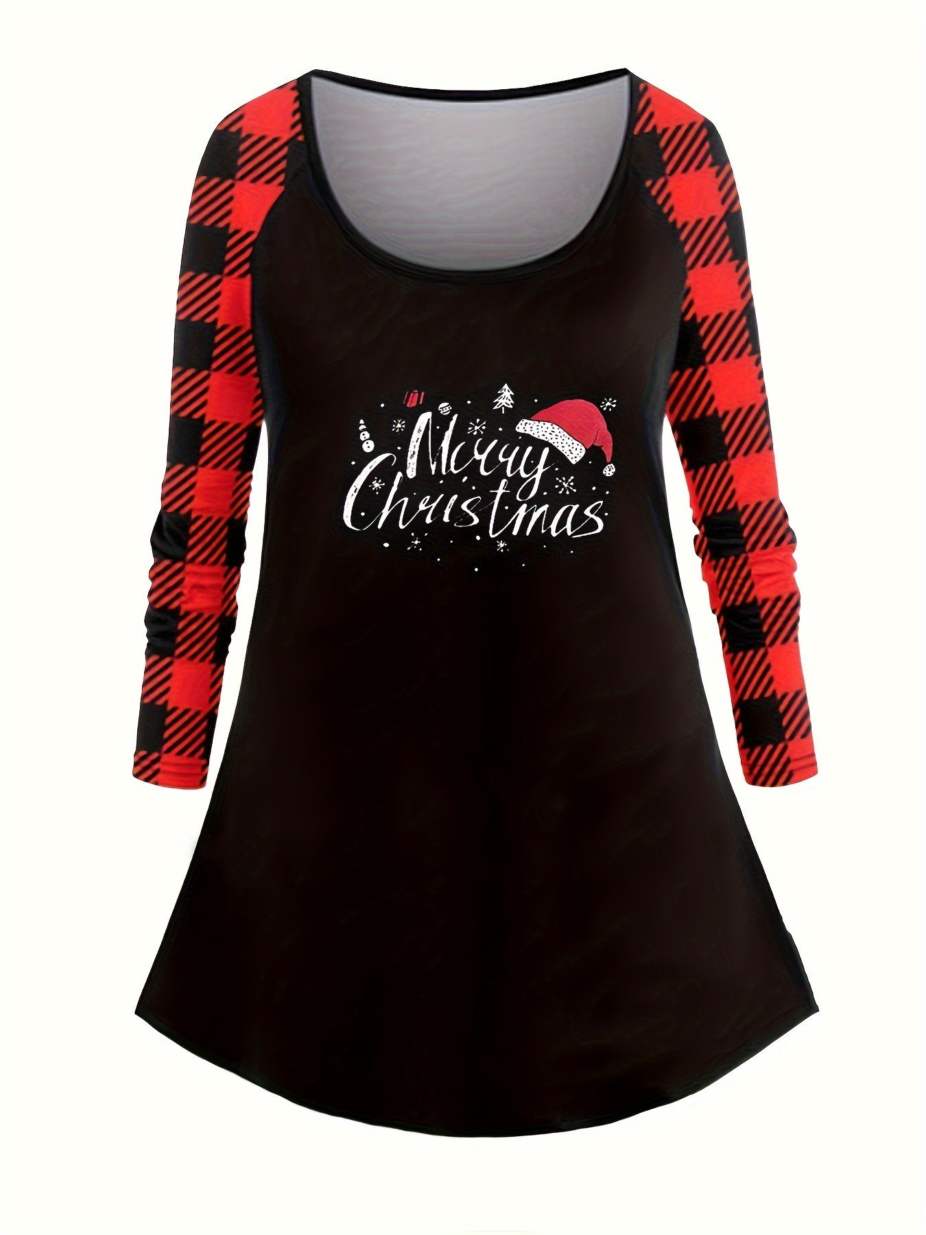 Plus Size Christmas Hat Plaid Raglan Top & Leggings Set