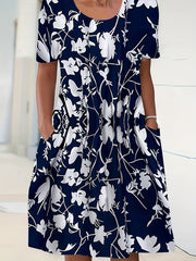  Floral Print Pleated Short Sleeve Midi Dress with Pockets