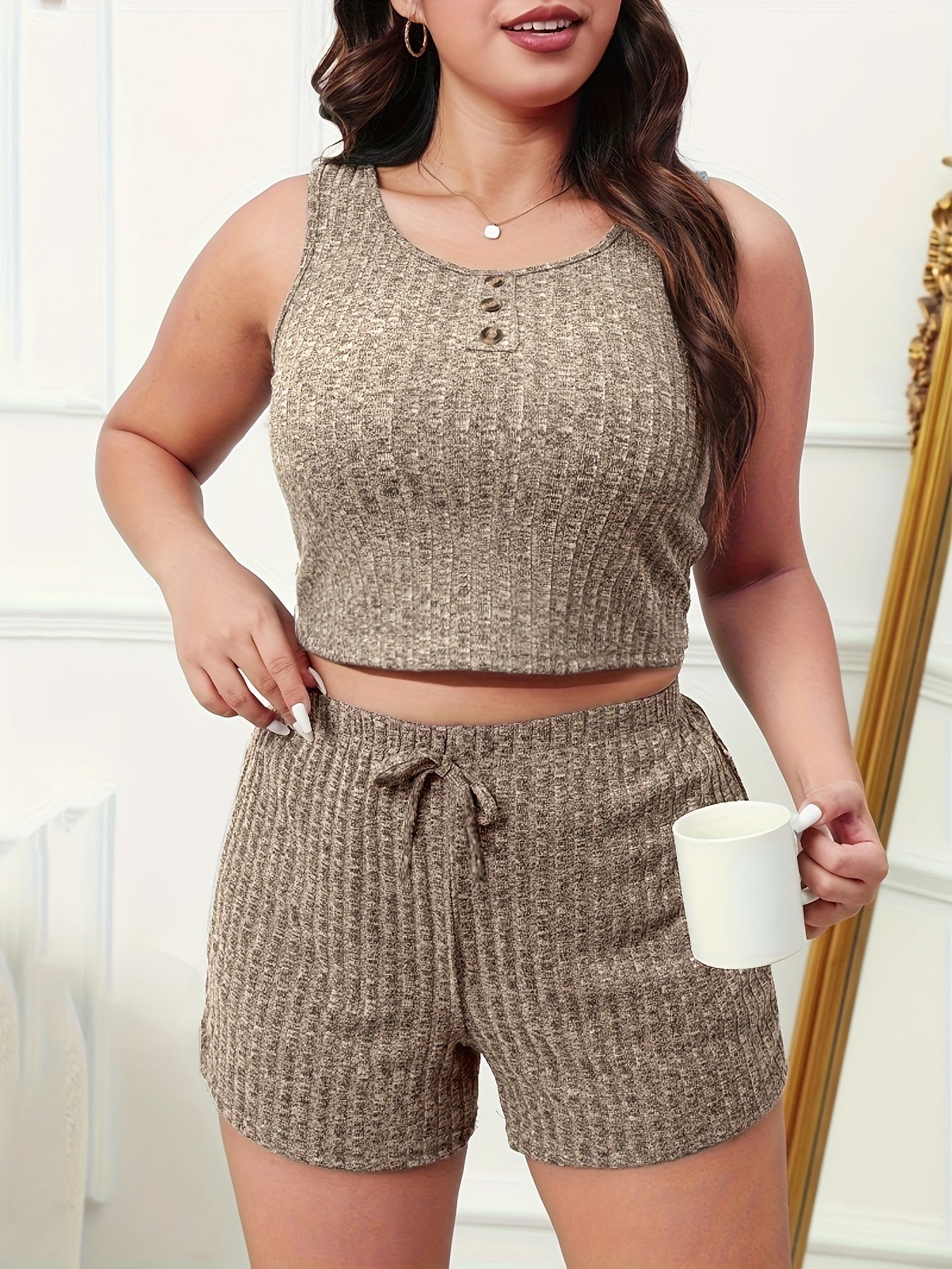  Ribbed Tank Crop Top & Drawstring Shorts Set