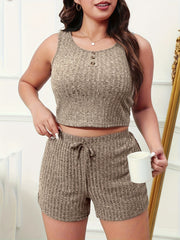  Ribbed Tank Crop Top & Drawstring Shorts Set