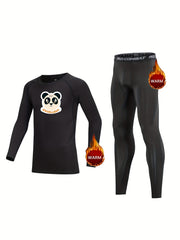 2pcs Kids Compression Fleece Sets Panda Pattern Crew Neck Pullover Matching Pant