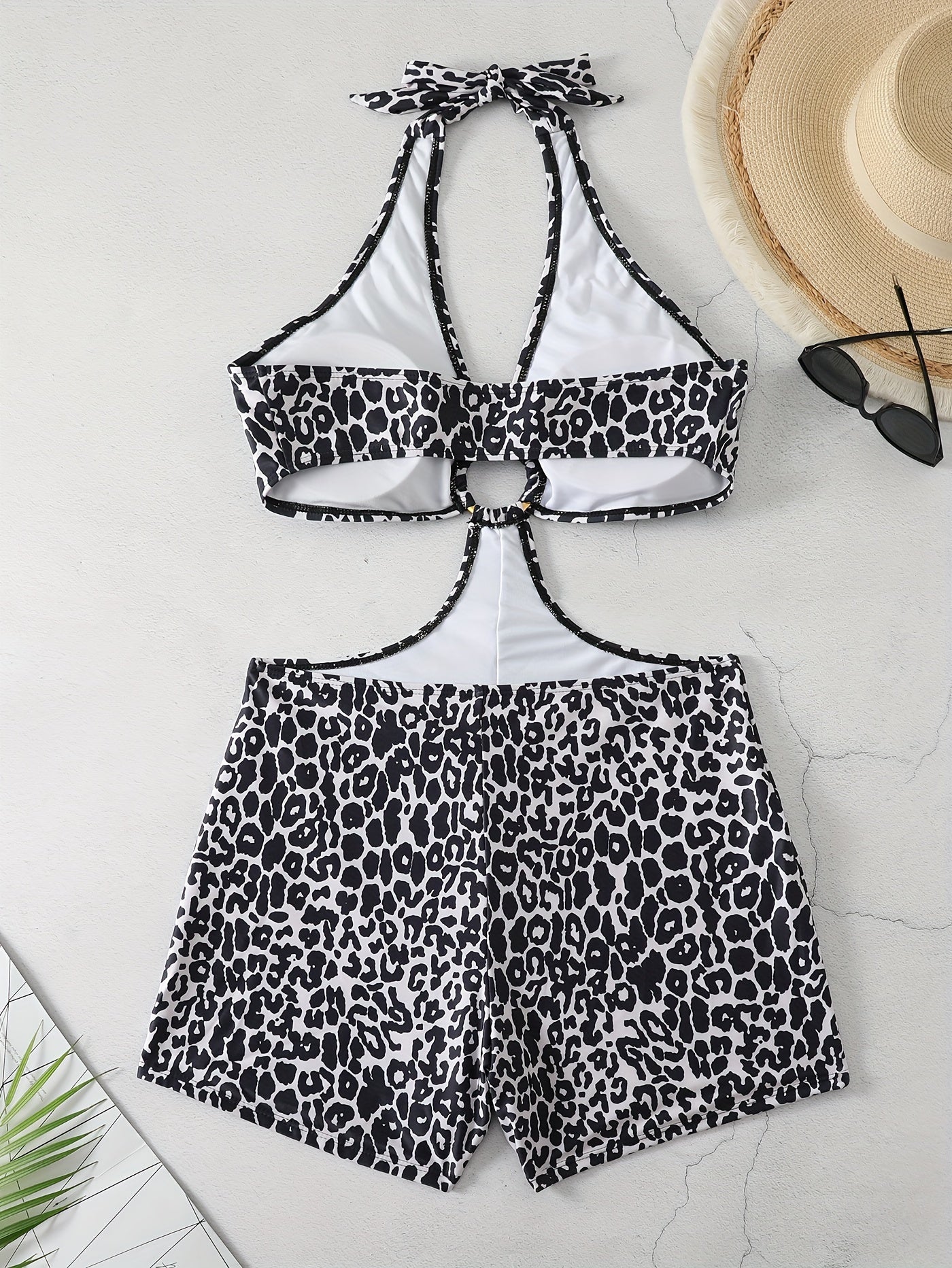  Leopard Print Cut Out Halter One Piece Swimsuit
