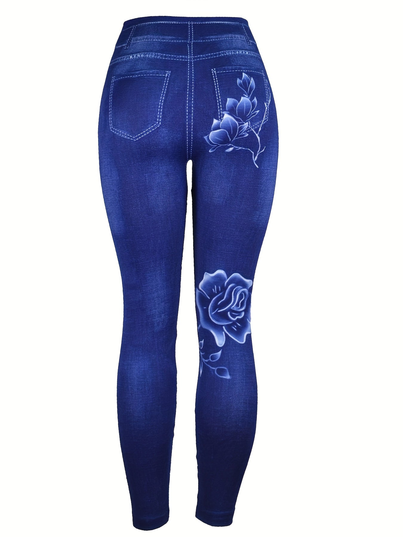 Denim & Floral Print Slimming Yoga Leggings High Stretch Slim Fit