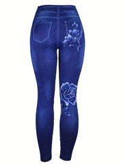 Denim & Floral Print Slimming Yoga Leggings High Stretch Slim Fit