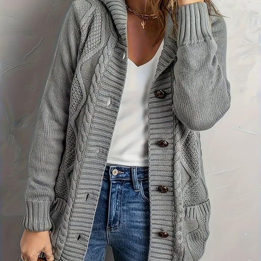  Solid Long Sleeve Hooded Sweater Cardigan
