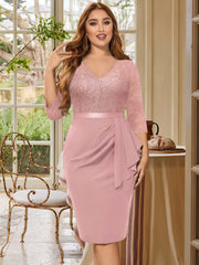  Lace Sleeve V-Neck Ruffle Trim Midi Dress