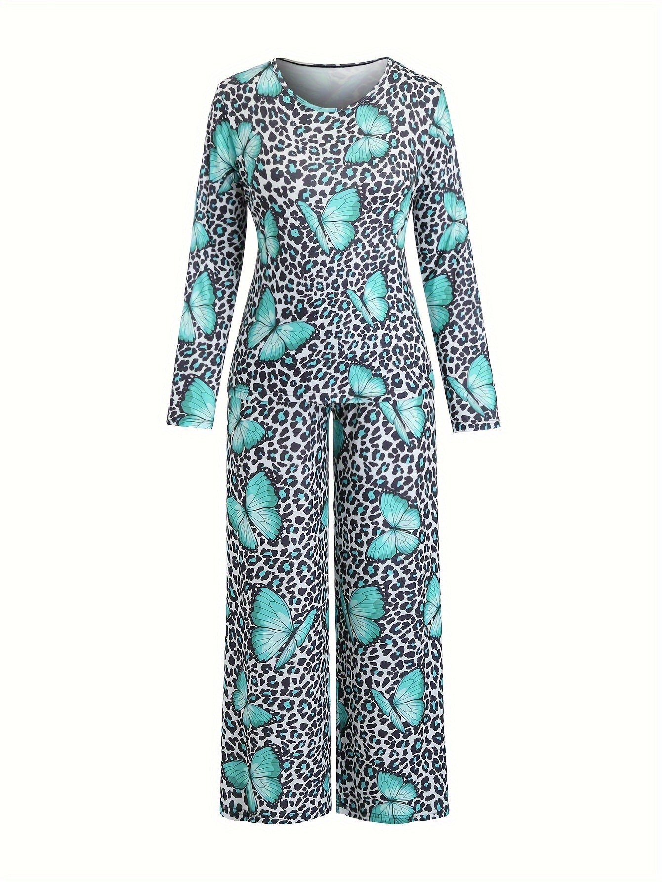  Pajamas Set Women's Plus Leopard & Butterfly Print Tee & Pants 2 Piece