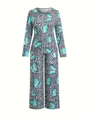  Pajamas Set Women's Plus Leopard & Butterfly Print Tee & Pants 2 Piece
