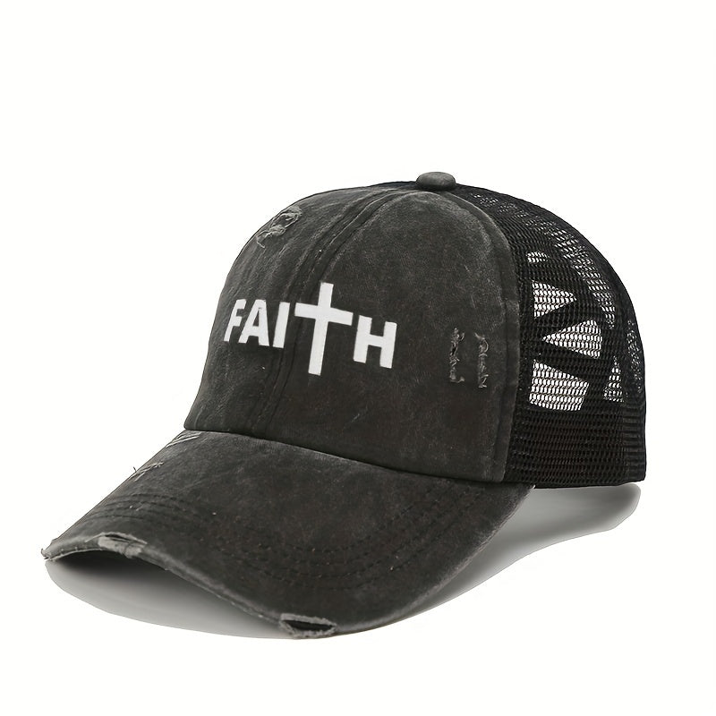 FAITH Ponytail Trucker Hat Washed Distressed Baseball Cap