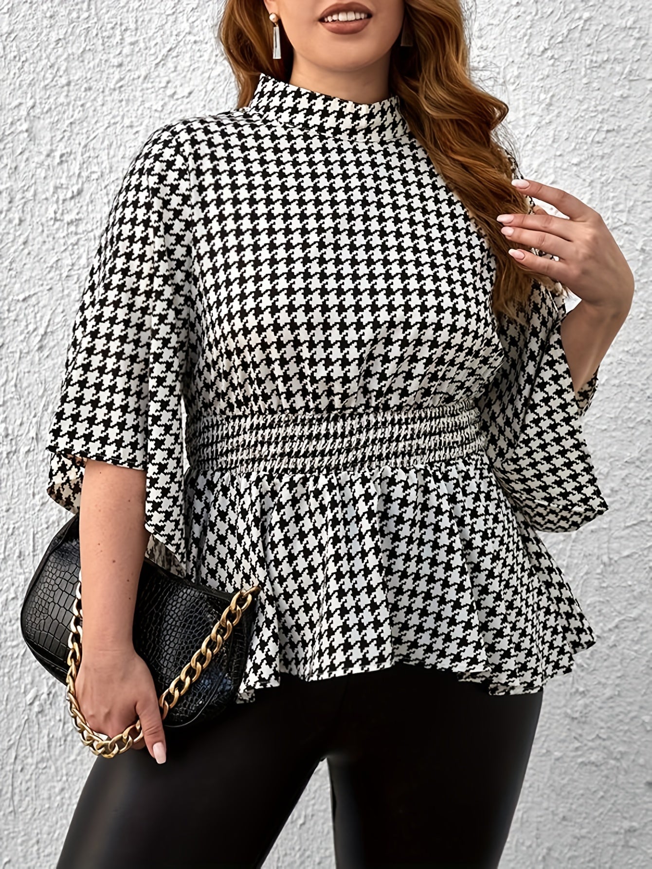  Houndstooth Print Nipped Waist Peplum Top