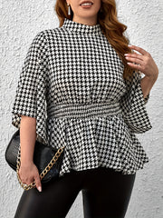  Houndstooth Print Nipped Waist Peplum Top