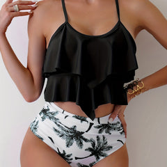 Palm Tree Print Bikini Set High Waist Two Piece Swimsuit Women's Swimwear