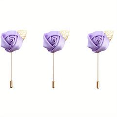 HAOSHICS 3Pcs Artificial Rose Flower Pins For Men Groom Suit Lapel