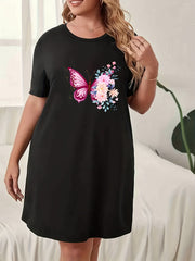  Floral Butterfly Print Sleep Dress Short Sleeve Round Neck Nightdress