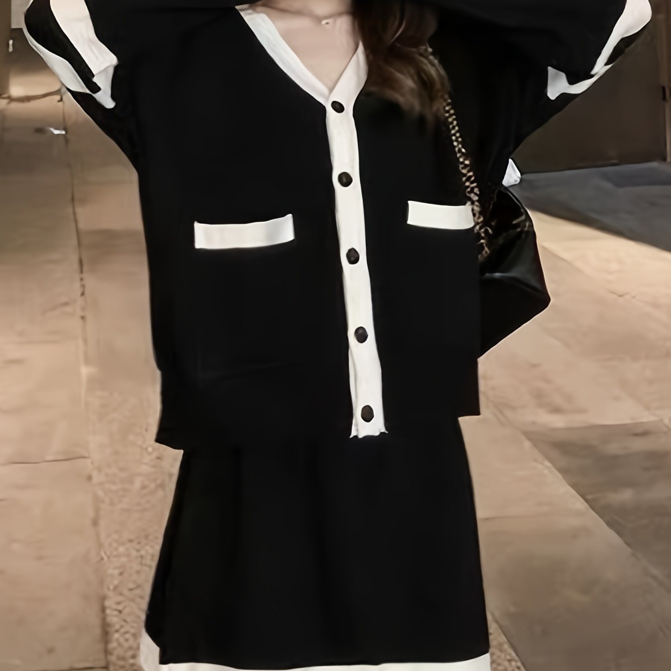 Button Up Cardigan & Knee Length Skirt Set for Women