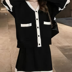 Button Up Cardigan & Knee Length Skirt Set for Women
