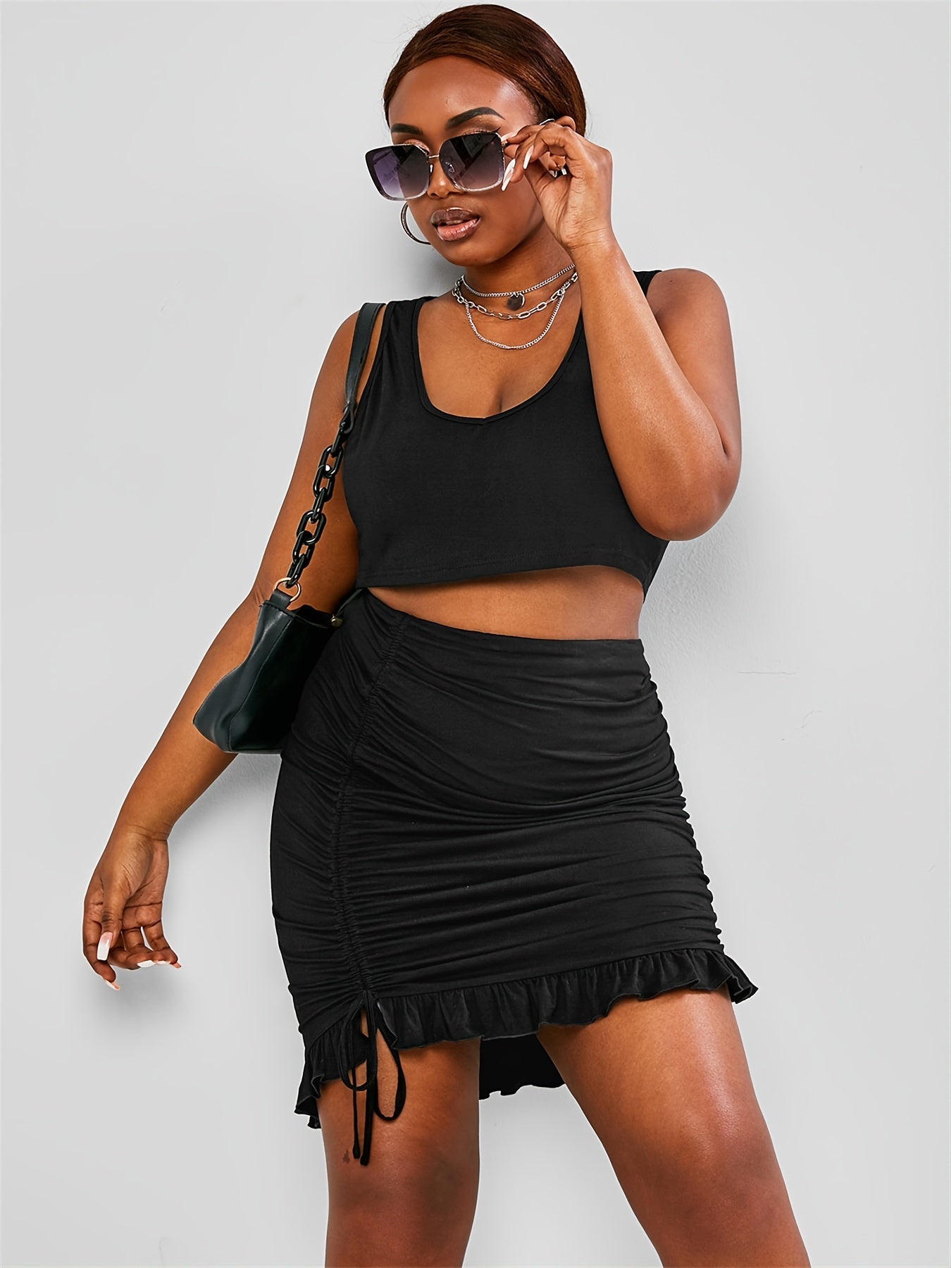  2pcs Set: Cropped Tank Top & Cinched Drawstring Skirt