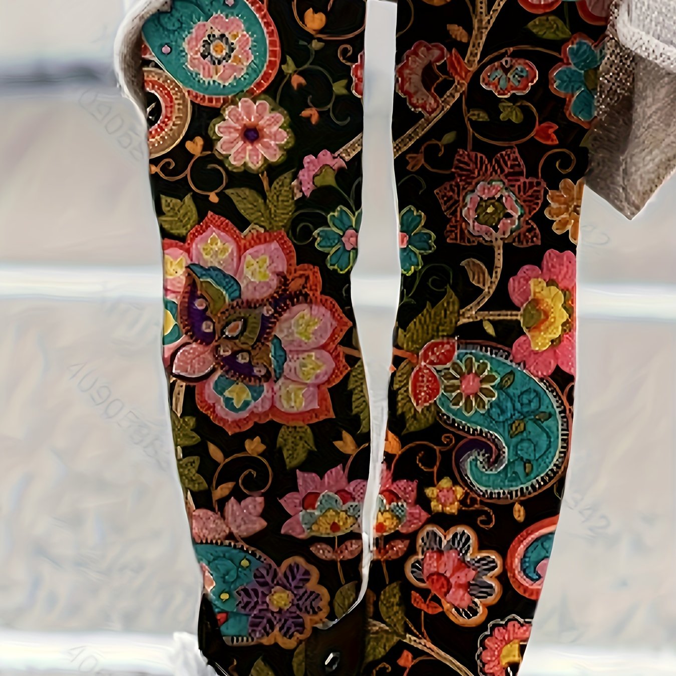  Ethnic Style Paisley Floral Print High Rise Leggings