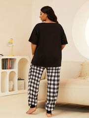  Gingham & Heart Print Nightdress Short Sleeve Round Neck