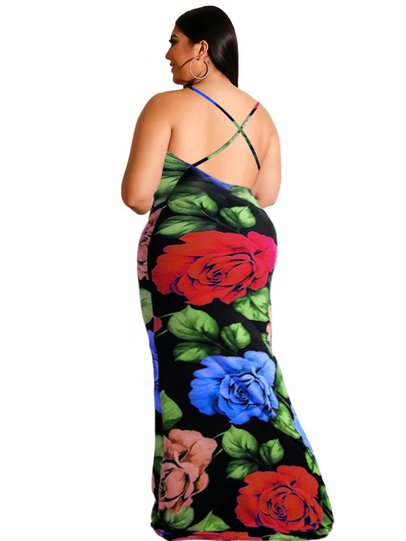 Floral Print Crisscross Backless Maxi Dress