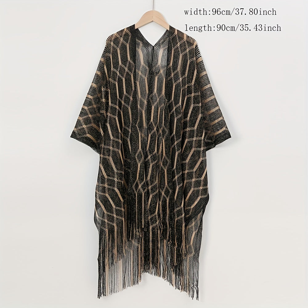 Geometric Striped Print Tassel Shawl Large Wrap Sunscreen Beach Towel