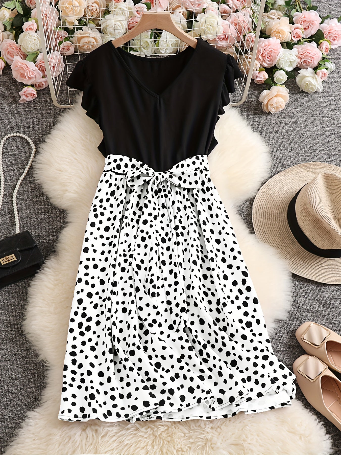  Leopard Print Ruffle Sleeve V Neck Dress
