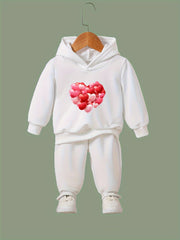 Girls Heart Pattern Hooded Sweatshirt Top Sweatpants Set