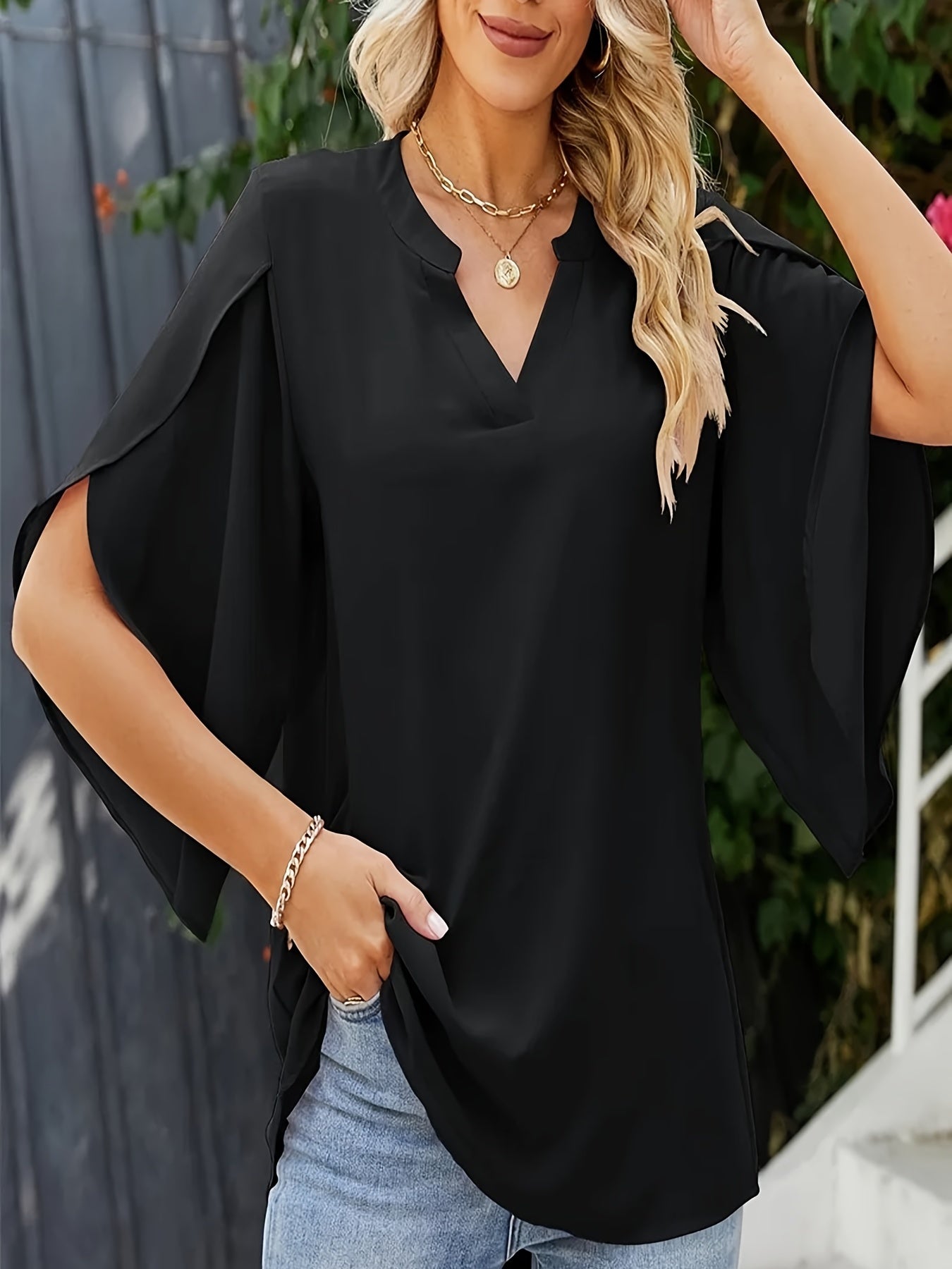  Casual Blouse Women's Plus Solid Petal Sleeve Top