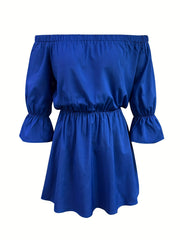 Off Shoulder Lantern Sleeve Dress Casual Summer Pleated Mini Dress