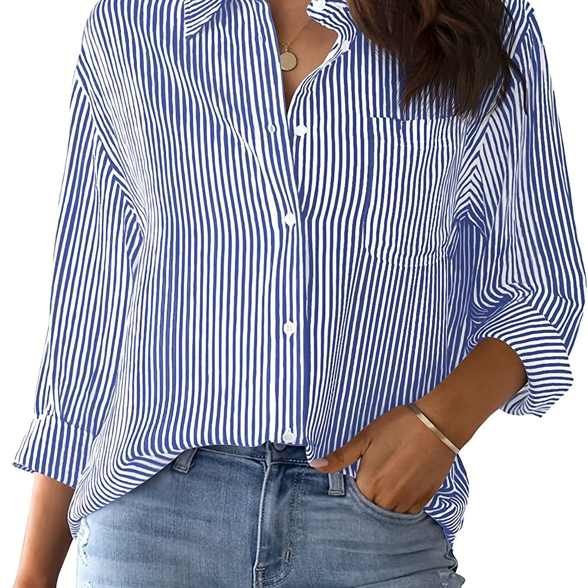  Stripe Print Long Sleeve Button Up Blouse
